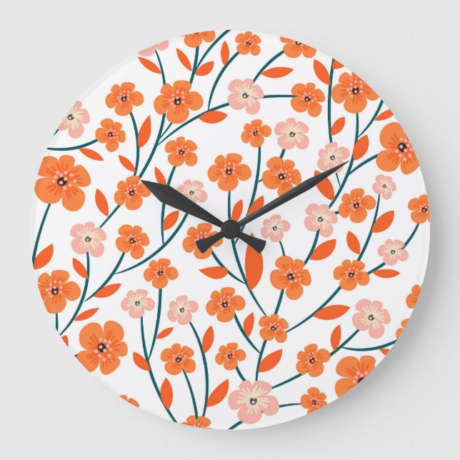 Blommigt Orange Pastel White Seamless Stor Klocka (Framsida)