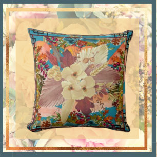 Blommigt Orange Teal, Cream med Ram Dekorativ kudd Kudde