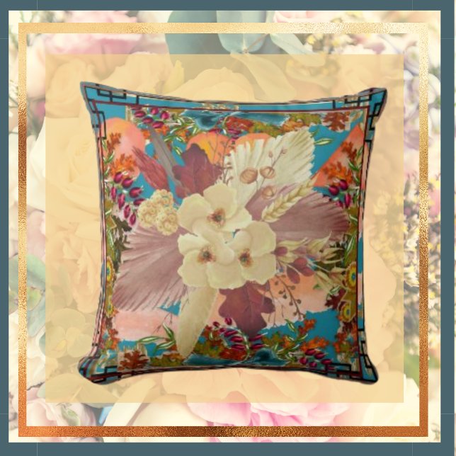 Blommigt Orange Teal, Cream med Ram Dekorativ kudd Kudde (Skapare uppladdad)