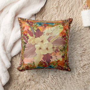 Blommigt Orange Teal, Gult med Ram Kudde