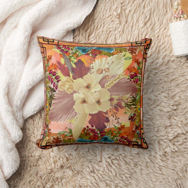 Blommigt Orange Teal, Gult med Ram Kudde (Filt)