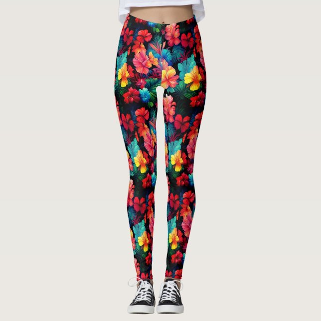 Blommigt Orange Tropical Flowers Löv-66771 Leggings (Framsida)