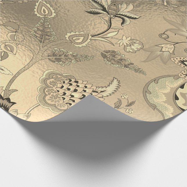 Blommigt Oriental Garden Guld Sepia Foxier Glass Presentpapper (Hörn)