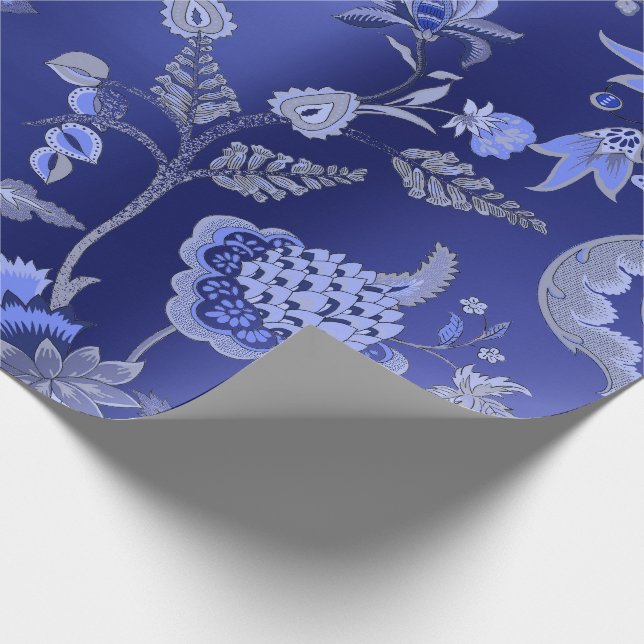 Blommigt Oriental Kimono Sapphire Cobalt Blue Gard Presentpapper (Hörn)