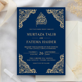 Blommigt Ornate Blue och Guld muslimska Bröllop Inbjudningar