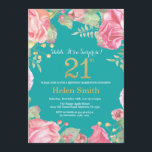 Blommigt Överraskning 21:a födelsedagen Guld och T Inbjudningar<br><div class="desc">Blommigt Överraskning 21:a födelsedagsinbjudan till kvinnor. Vattenfärgad botanisk Blommigt blomma. Guld Glitter. Rosa Peonies Blommigt Flowers. Vuxen Birthday. Teal Aqua Turcos Background. Om du vill göra ytterligare anpassningar klickar du på knappen "Anpassa" och användor verktyg som är utformat för att ändra mallen.</div>