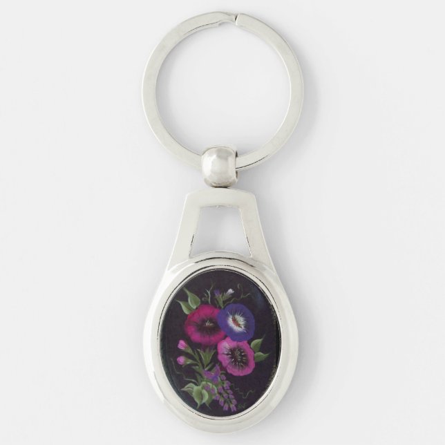 Blommigt på svart keychain ovalt silverfärgad nyckelring (Framsidan)