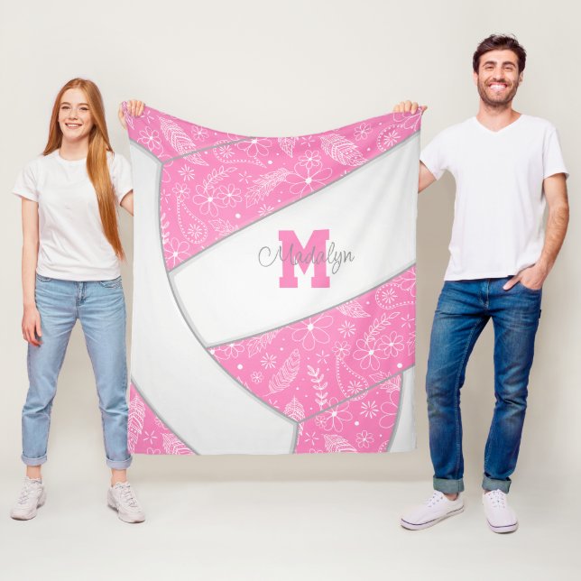 blommigt paislefjädrar söt rosa vit volleyball fleecefilt (På plats)