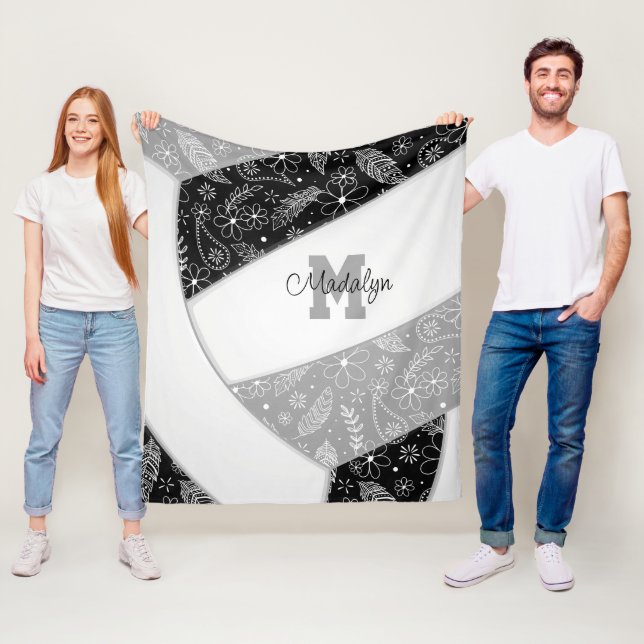 blommigt paislefjädrar svart grått volleyball fleecefilt (På plats)