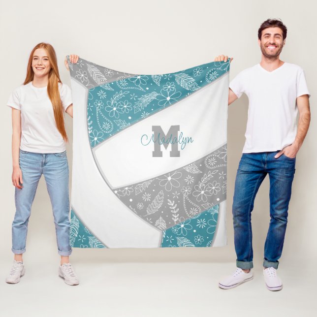 blommigt paislefjädrar teal grått boho volleyball fleecefilt (På plats)
