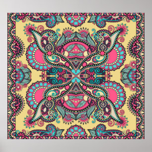 Blommigt Paisley Bandanna: Traditionellt prydnadsf Poster