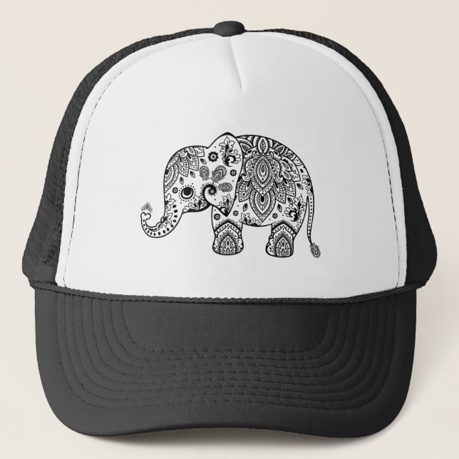 Blommigt Paisley Cute Elephant Illustration Keps (Framsida)