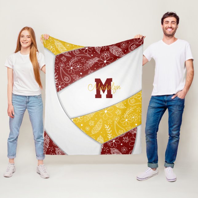 blommigt paisley-fjädrar, maroon guld volleyball fleecefilt (På plats)