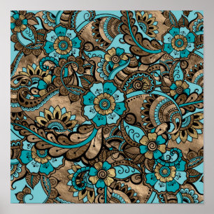 Blommigt Paisley Mönster - teal och golder Poster
