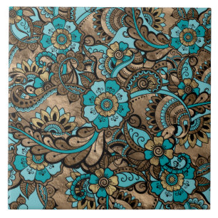 Blommigt Paisley Mönster - teal och golv Kakelplatta