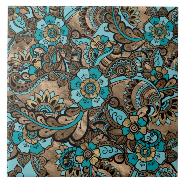 Blommigt Paisley Mönster - teal och golv Kakelplatta (Framsidan)
