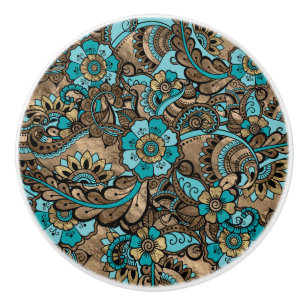 Blommigt Paisley Mönster - teal och golv Knopp