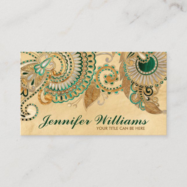 Blommigt Paisley Ornament Malachite och Guld Visitkort (Framsida)