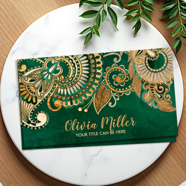 Blommigt Paisley Ornament Malachite och Guld Visitkort (Skapare uppladdad)