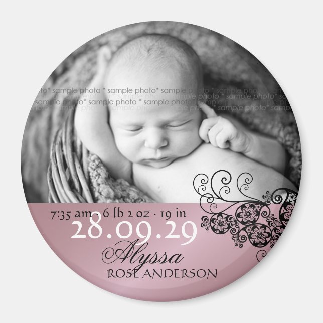 Blommigt Paisley Photo Birth Alnouncement Magnet (Framsidan)