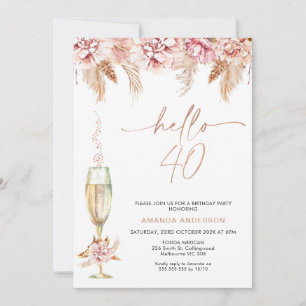 Blommigt Pampas Champagne Hej 40 födelsedag Inbjudningar