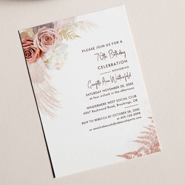 Blommigt Pampas Grass 70:e födelsedagsinbjudan (Pampas Grass Script 70th Birthday Party Invitation)