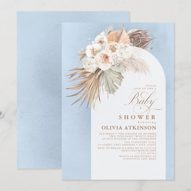 Blommigt Pampas Grass Boho Dusty Blue Baby Shower Inbjudningar (Fram/baksida)