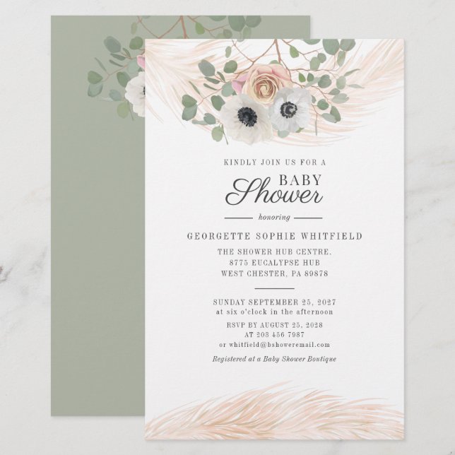Blommigt Pampas Grass Eucalyptus Baby Shower Brevpapper (Fram/baksida)