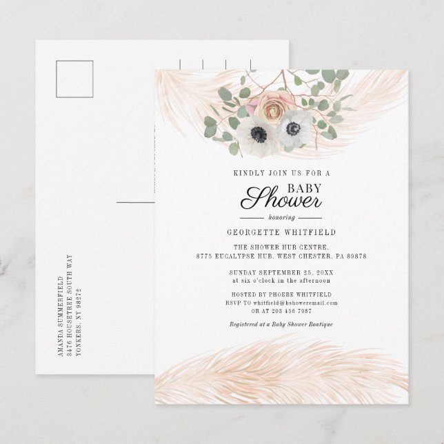 Blommigt Pampas Grass Girl Baby Shower Inbjudan Vykort (Fram/baksida)