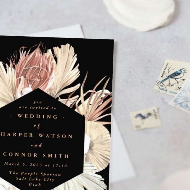 Blommigt Pampas Grass Tropical Jungle Black Inbjudningar (Skapare uppladdad)