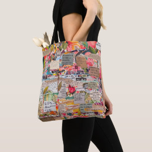 Blommigt Papper Collage Inspirational Ord Tygkasse