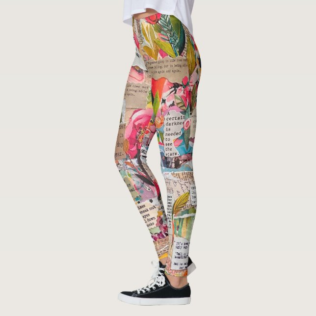 Blommigt Papper Collage Mixed Media Leggings (Vänster)