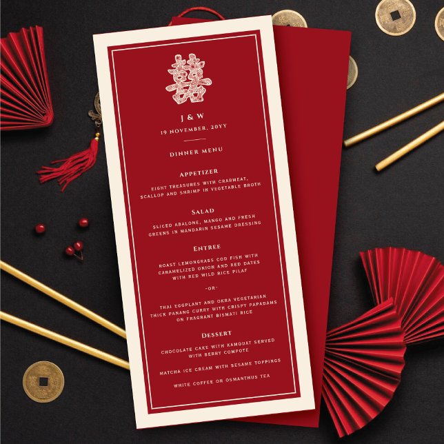 Blommigt Papper cut Dubbla Lycka kinesiska Bröllop Meny (Floral Paper Cut Double Happiness Chinese Wedding Menu @ fatfatin_red_knot)