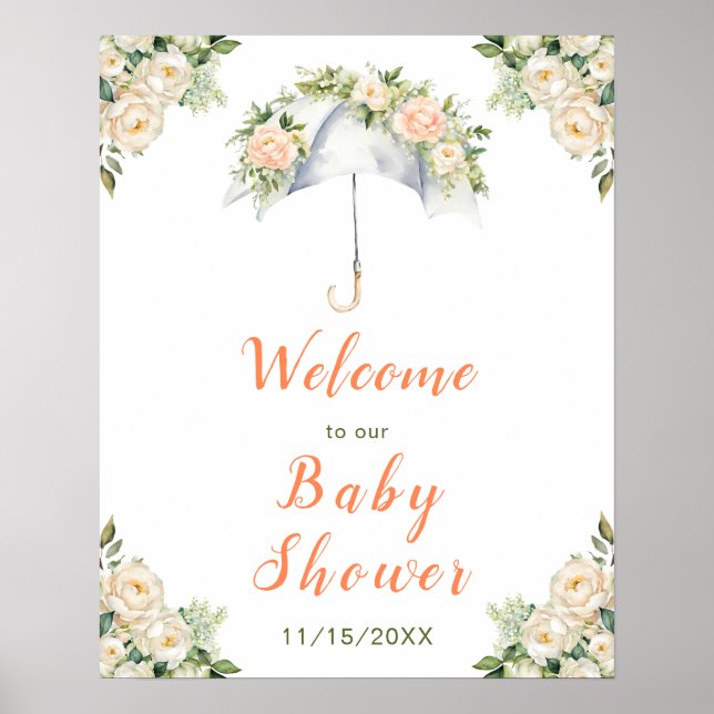 Blommigt Paraplla Baby Shower Poster (Framsidan)