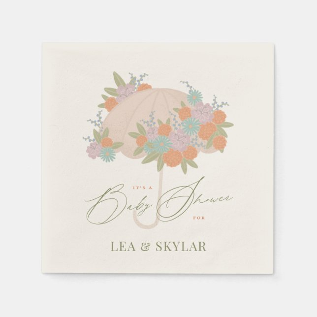 Blommigt Paraplla Neutralt Unisex Baby Shower Pappersservett (Framsidan)