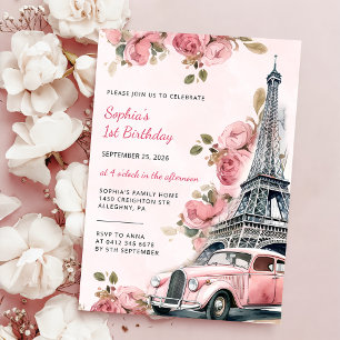 Blommigt Paris Eiffel Torn 1:a födelsedag Party Inbjudningar
