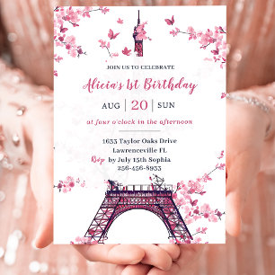 Blommigt Paris Eiffel Torn 1:a födelsedag Party Inbjudningar
