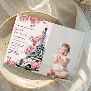 Blommigt Paris Eiffel Torn 2:a födelsedagsfoto Inbjudningar