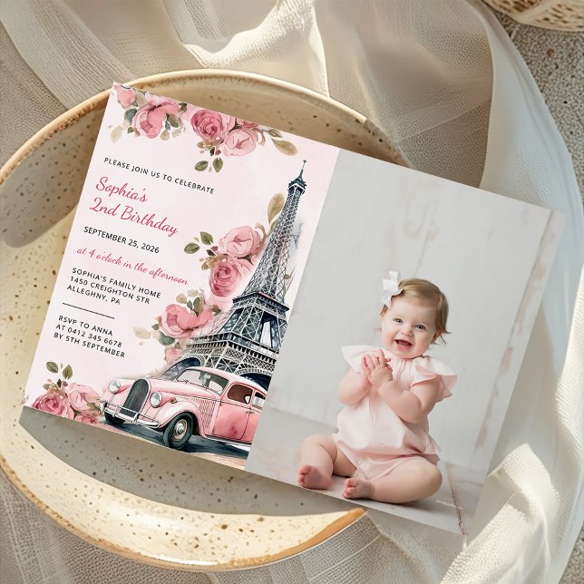 Blommigt Paris Eiffel Torn 2:a födelsedagsfoto Inbjudningar (Skapare uppladdad)