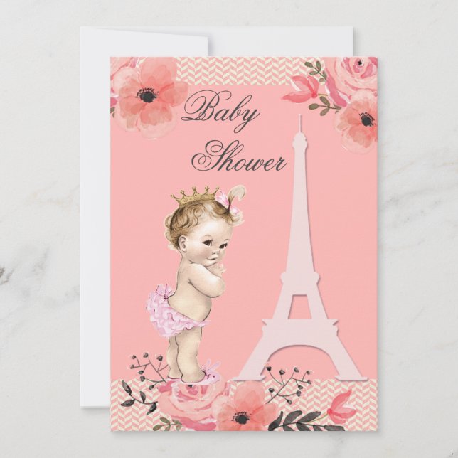 Blommigt Paris Eiffel Torn Princess Baby Shower Inbjudningar (Framsida)
