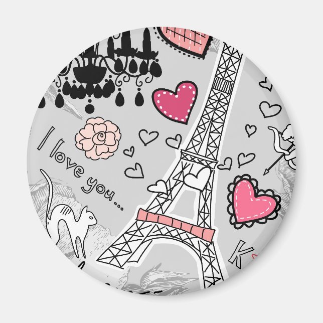 Blommigt Paris Eiffel Torn svart rosa och grått Magnet (Framsidan)