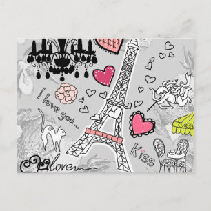 Blommigt Paris Eiffel Torn svart rosa och grått Vykort