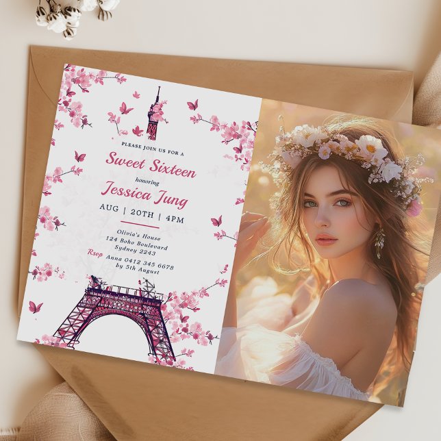Blommigt Paris Eiffel Torn Sweet 16 Birthday Photo Inbjudningar (Skapare uppladdad)