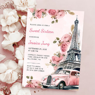 Blommigt Paris Eiffel Torn Sweet 16 Födelsedagsfes Inbjudningar