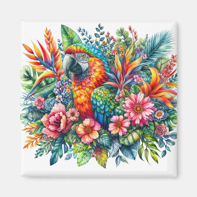 Blommigt Parrot Porträtt Färg vattenfärg Magnet (Framsidan)