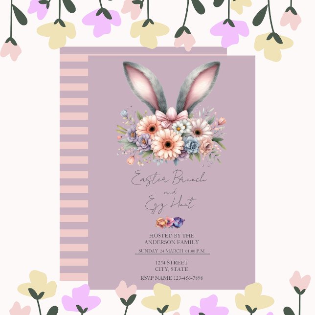 Blommigt Påsk Brunch Bunny Öron Lila Inbjudan till (Skapare uppladdad)