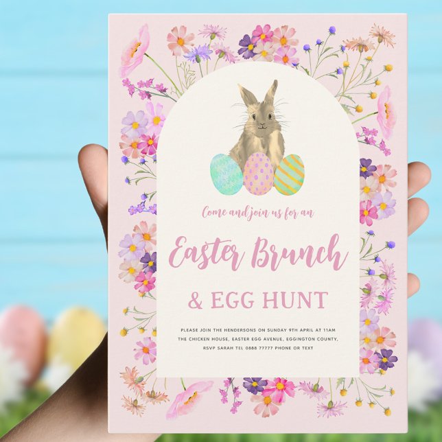 Blommigt Påsk Brunch och Egg Hunt Inbjudningar (Easter brunch and egg hunt boho wildflowers and bunny pink invitation )