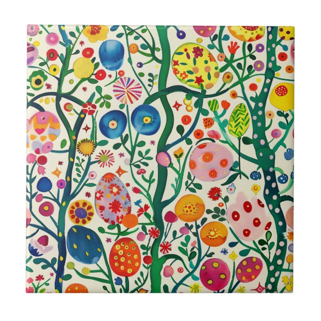 Blommigt Påskägg Plant Kakelplatta (Framsidan)