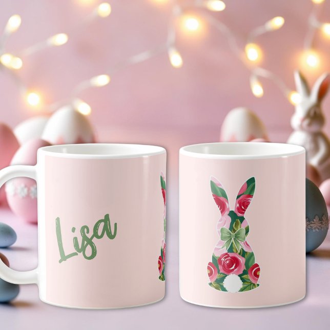 Blommigt Påskhare Mugg med mjuk Rosa - bakgrund (Floral Easter Bunny Mug with Soft Pink Background)