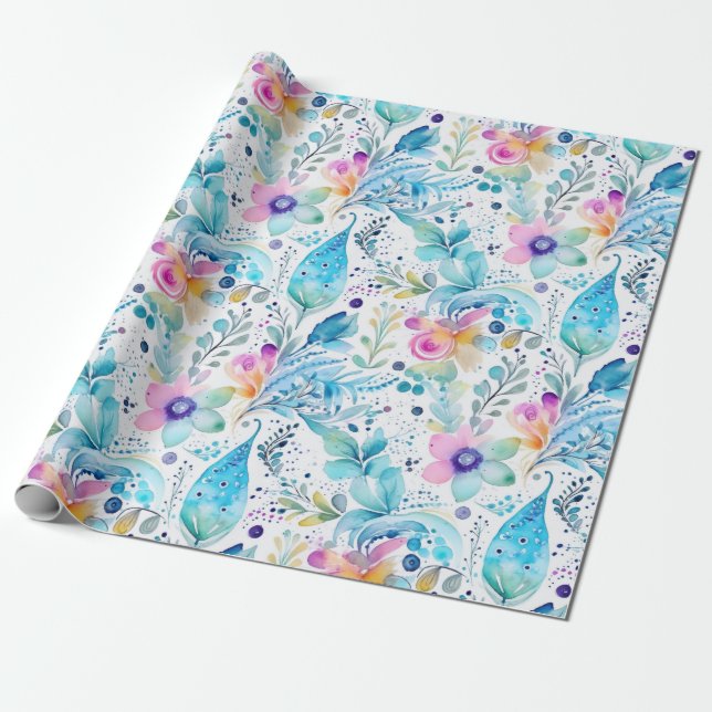 Blommigt Pasley Ferns Blue & Rosa Presentpapper (Utrullad)